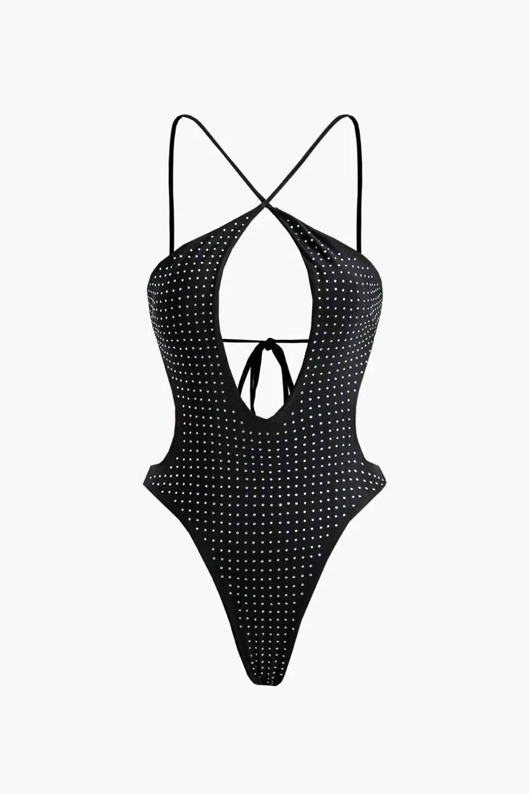 Best Sale Tummy Control Rhinestone Embellished Tie Back One-Piece Swimsuit Swimwear