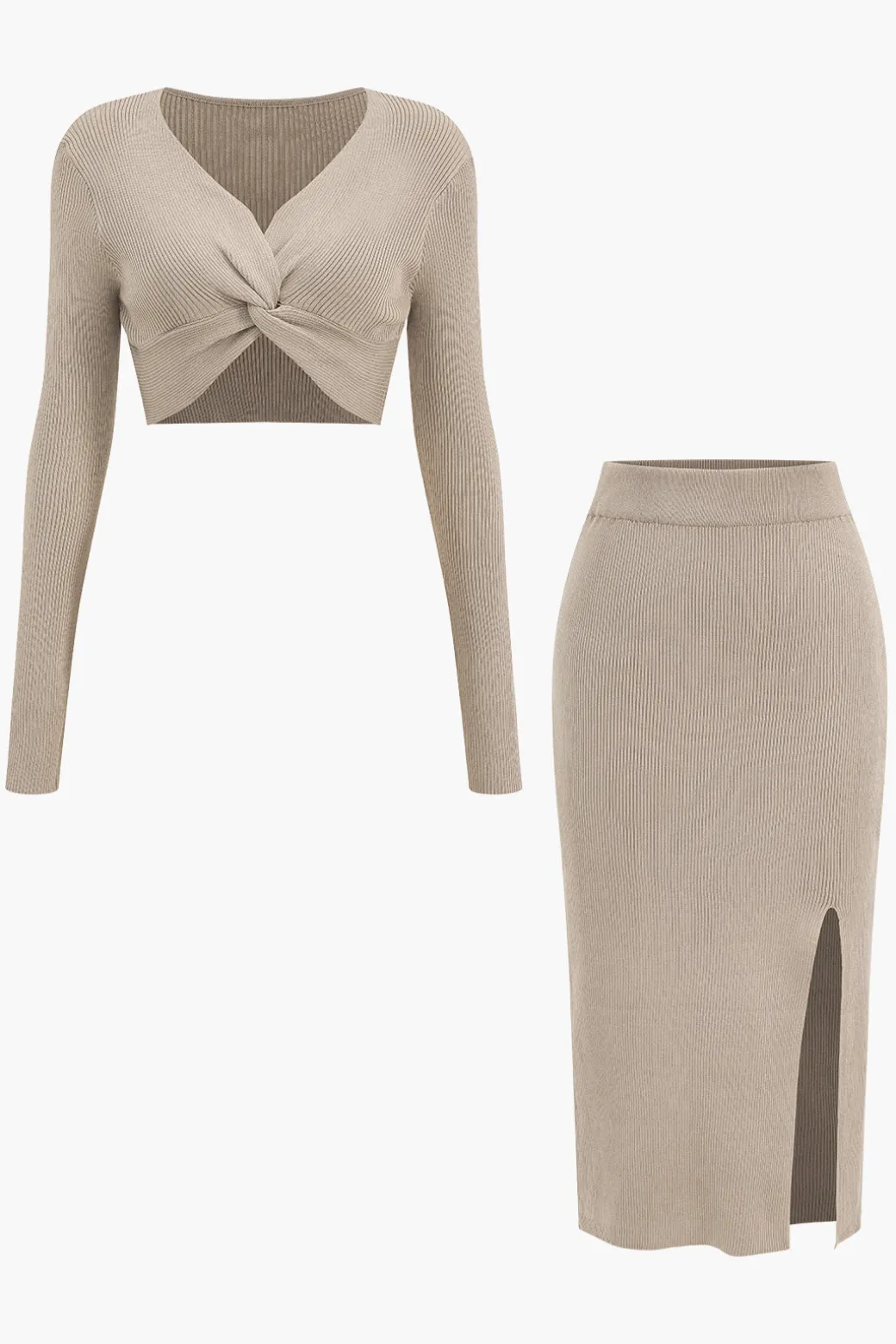 Hot Twist Knot V-Neck Long-Sleeve Top And Side Slit Skirt Set Skirt Sets