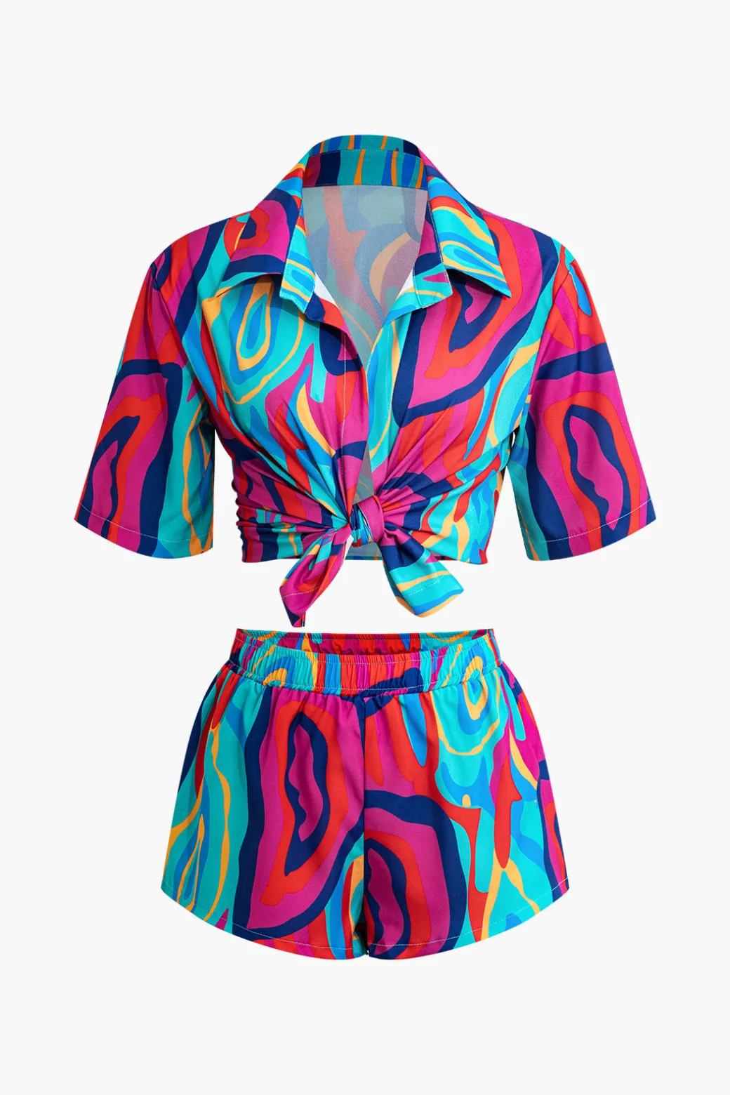 New Vibrant Abstract Print Crop Shirt And Shorts Set Short Sets | Vacation Sets