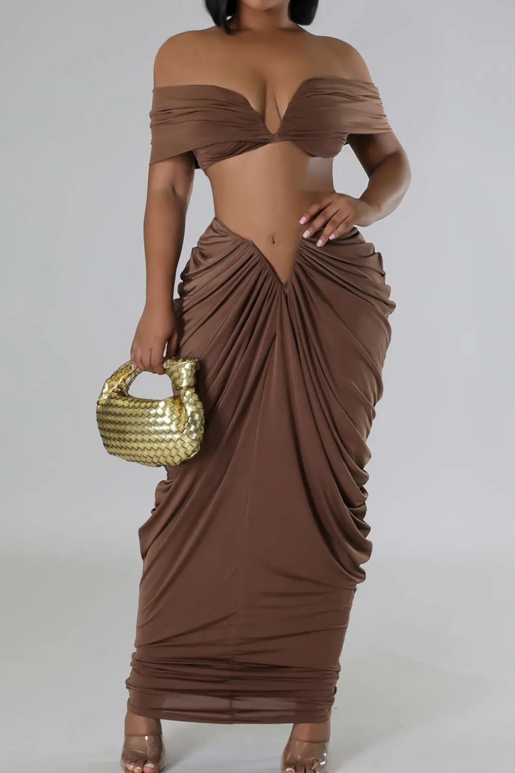 Discount V-neck Ruched Top And V-shape Cut Waist Maxi Skirt Set Skirt Sets | Vacation Sets
