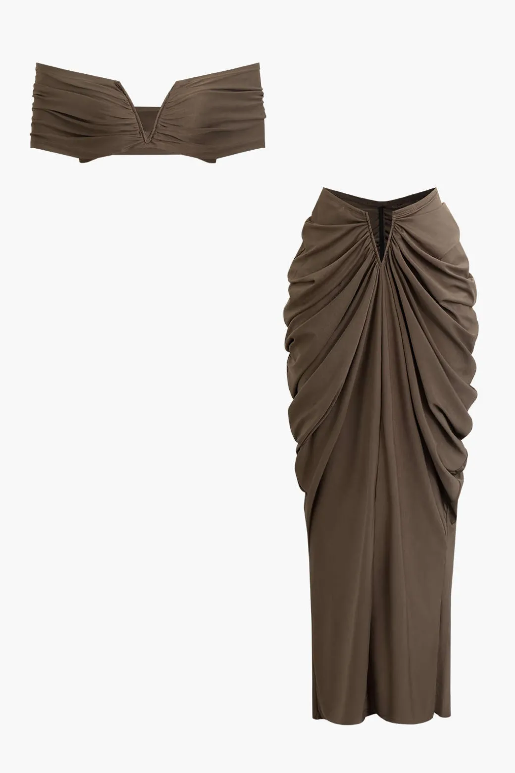 Discount V-neck Ruched Top And V-shape Cut Waist Maxi Skirt Set Skirt Sets | Vacation Sets